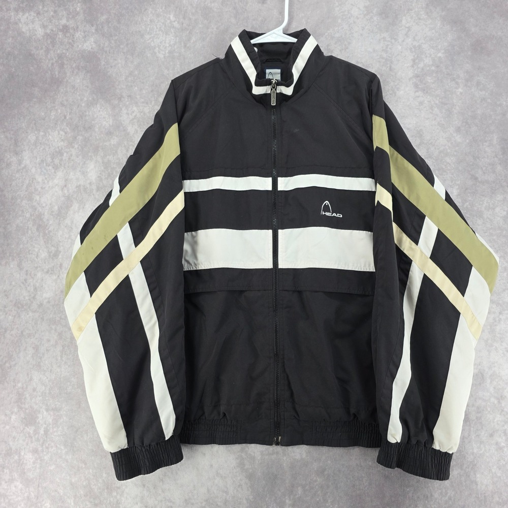 Vintage Head Retro Windbreaker Jacket Black White Olive Stripe Full Zip Mens L